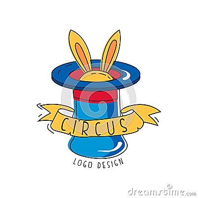 Circus logo original design, emblem rabbit appearing from magician top hat for amusement park, festival, party, creative Vector Illustration