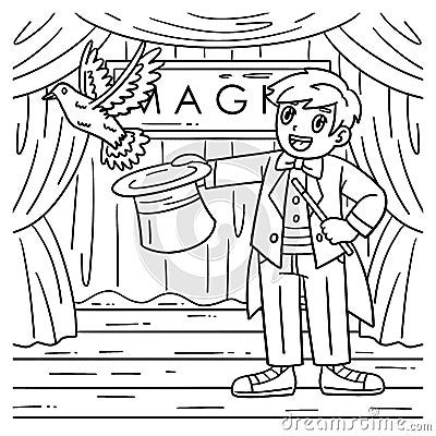 Circus Magician with a Hat and Dove Coloring Page Vector Illustration
