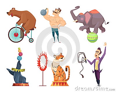 Circus mascots. Clouns, performers, juggler and other characters of circus Vector Illustration