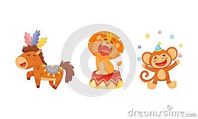 Circus Monkey and Lion Animal Roaring and Juggling Balls Performing Trick Vector Set Vector Illustration