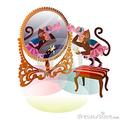 Circus monkey with mirror Cartoon Illustration