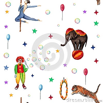 Circus pattern, elephant, clown, soap bubbles, stars, tiger, fire ringg, acrobat. Watercolor illustration on white Cartoon Illustration