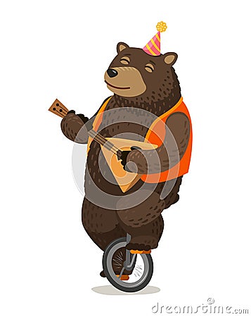 Circus performance. Happy bear rides unicycle and plays balalaika. Cartoon vector illustration Vector Illustration