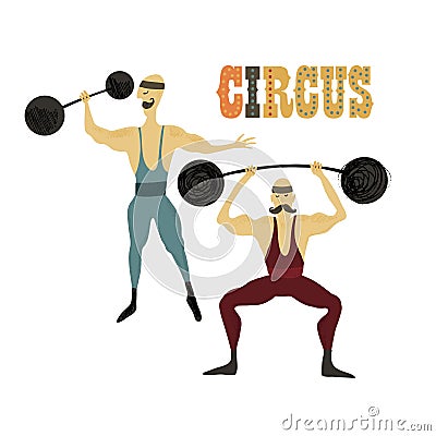 Vector illustration. Hand drawn imitation. Two strongmen. Circus performance. Vector Illustration