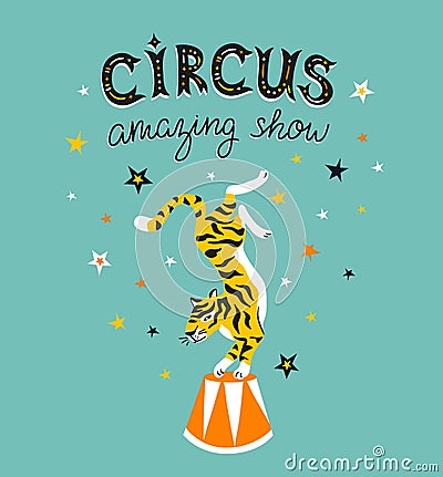 Circus poster with cartoon tiger on the blue background with stars. Vector carnival card. Vector Illustration