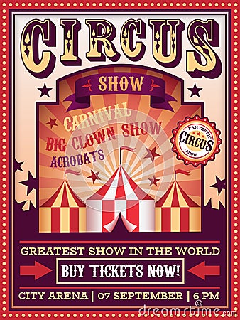 Circus poster. Traveling circus with tent carnival festival magic show banner, retro invitation party flyer vector Vector Illustration