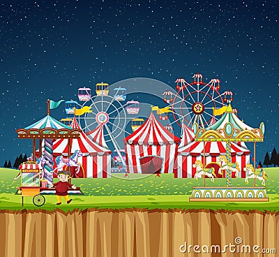 Circus scene with many rides at night time Vector Illustration