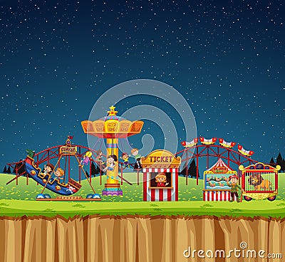 Circus scene with people on the rides at night Vector Illustration