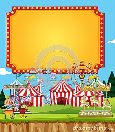 Circus scene with sign template in the sky Vector Illustration