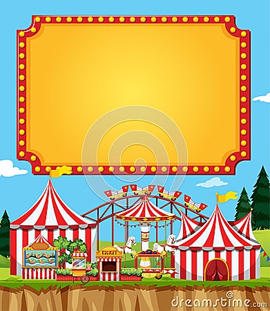 Circus scene with sign template in the sky Vector Illustration