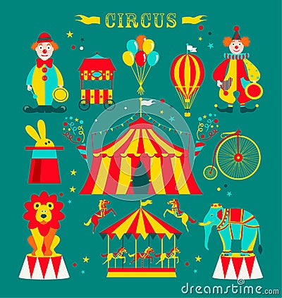 Circus set with clowns, elephant, lion, carousel , bike and rabbit in hat. Vector Illustration