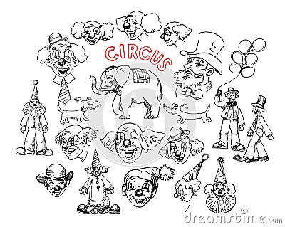 Circus, set of funny clowns. Vector Illustration