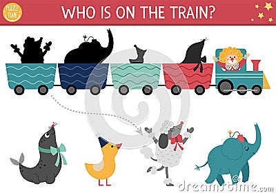 Circus shadow matching activity with cute animals on train. Amusement show puzzle with funny artists. Find correct silhouette Vector Illustration