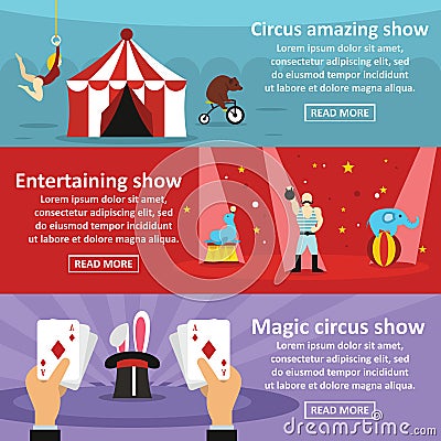 Circus show banner horizontal set, flat style Vector Illustration