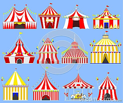 Circus show entertainment tent marquee marquee outdoor festival with stripes and flags isolated carnival signs Vector Illustration