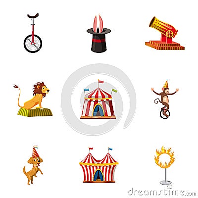 Circus show icons set, cartoon style Vector Illustration