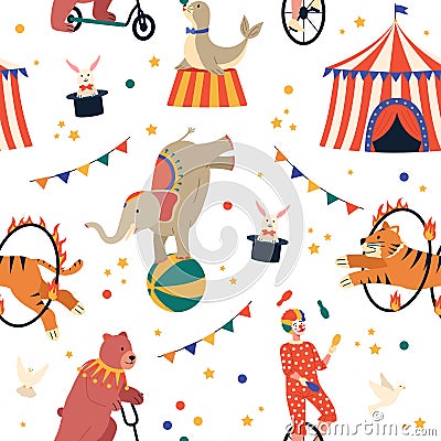 Circus show seamless pattern. Funny carnival amusement background, cute cartoon trained animals and clown juggler on Vector Illustration