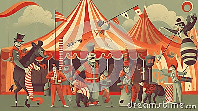 Circus show. Vector illustration in retro style. People in costumes Cartoon Illustration