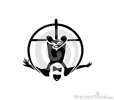 Circus.Silhouette of an Air gymnast on a hanging Hoop.. Stock Photo