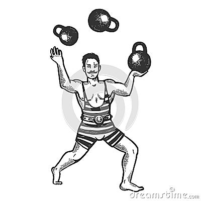 Circus strongman juggles weights engraving vector Vector Illustration