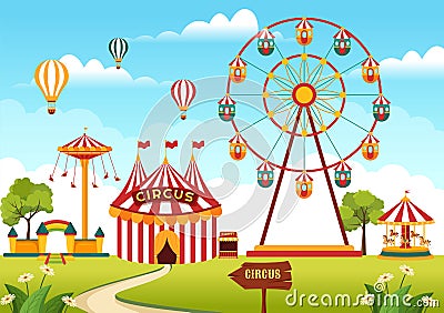 Circus Template Hand Drawn Cartoon Flat Illustration with Show of Gymnast, Magician, Animal Lion, Clowns and Amusement Park Vector Illustration