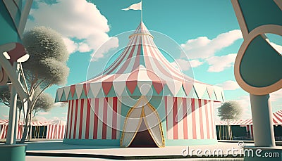 Circus tent on blue sky background. 3d render illustration. Cartoon Illustration
