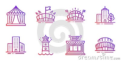 Circus tent, Buildings and Lighthouse icons set. Skyscraper buildings, Arena and Sports arena signs. Vector Vector Illustration