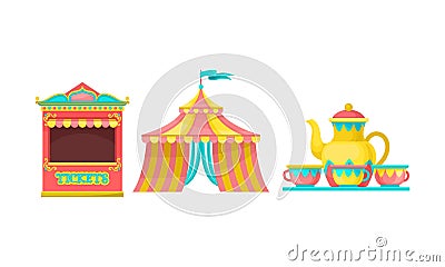 Circus Tent, Ticket Stand and Merry-go-round with Cups as Amusement or Entertainment Park Attractions Vector Set Stock Photo