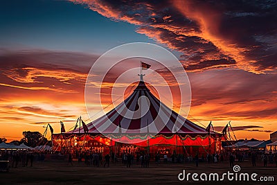Circus Tent Under a Warn Sunset, Circus Tent Night View, Carnival Park, Generative AI Illustration Stock Photo