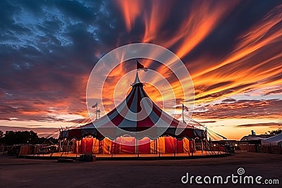 Circus Tent Under a Warn Sunset, Circus Tent Night View, Carnival Park, Generative AI Illustration Stock Photo