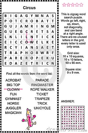 Circus themed wordsearch puzzle Vector Illustration