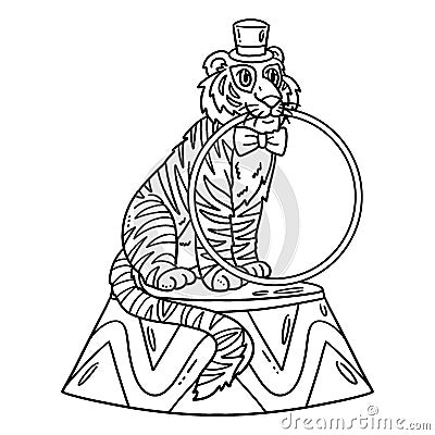 Circus Tiger Biting a Hula Hoop Isolated Coloring Vector Illustration