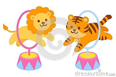 Circus tiger and lion jumping through hoops Vector Illustration