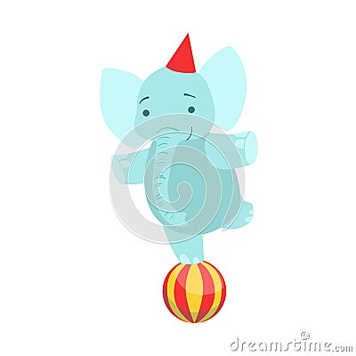 Circus Trained Elephant Animal Artist Performing Balancing On One Leg On The Ball Stunt For The Circus Show Vector Illustration