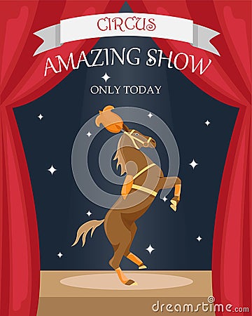 Circus trained horse in stage decoration. Vector Illustration