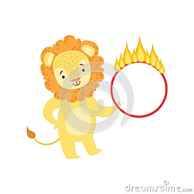 Circus Trained Lion Animal Artist Performing Stunt With The Burning Hula-Hoop For The Circus Show Vector Illustration