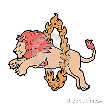 Circus trained wild animals performance isolated on white. lion jumps over the ring in the fire Vector Illustration