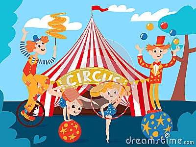 Circus background with artoon cute circus characters Vector Illustration