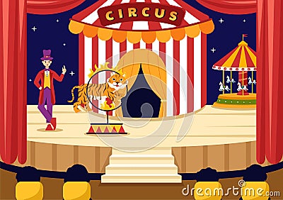 Circus Vector Illustration with Show of Gymnast, Magician, Animal Lion Tiger, Host, Entertainer, Clowns and Amusement Park Vector Illustration