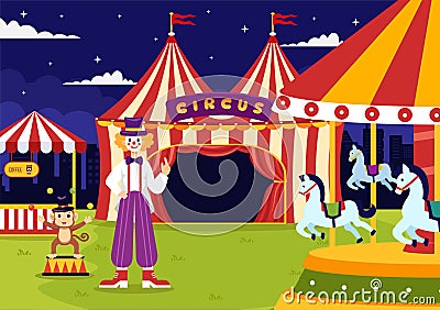 Circus Vector Illustration with Show of Gymnast, Magician, Animal Lion Tiger, Host, Entertainer, Clowns and Amusement Park Vector Illustration