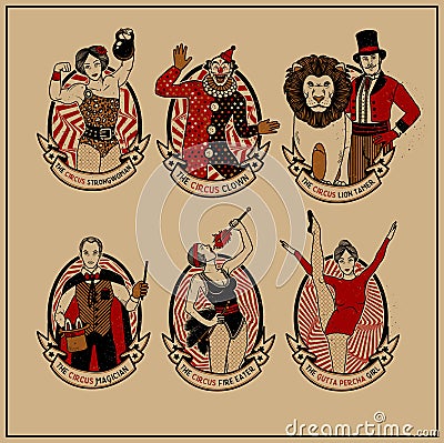 Circus Vintage Collection. The Lion Tamer, The Clown, The Circus Strong Woman, The Circus Magician, The Circus Fire Vector Illustration