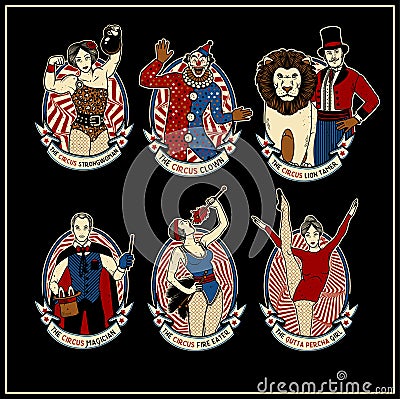 Circus Vintage Collection. The Lion Tamer, The Clown, The Circus Strong Woman, The Circus Magician, The Circus Fire Vector Illustration