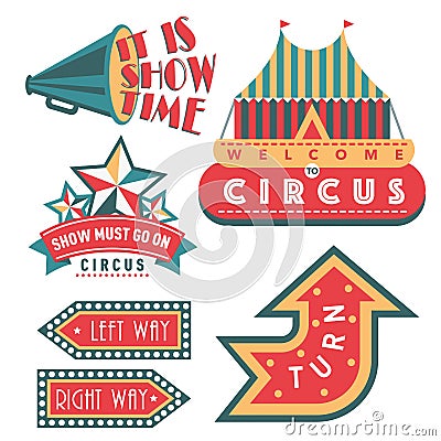 Circus vintage signboard labels banner vector illustration entertaining ticket sign Vector Illustration