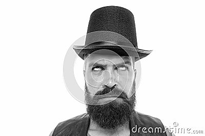 Circus worker. Let performance begin. Man bearded hipster cylinder. Weird things going on his performance. Want some Stock Photo