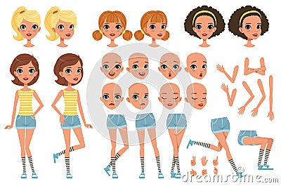 Cirl character creation set, cute girl constructor with different poses, gestures, faces, hairstyles, vector Vector Illustration