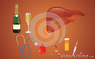 Cirrhosis illustration with liver medicine alcohol as the real cause Vector Illustration