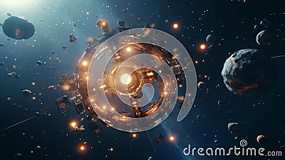 cirular spacecraft in space surrounded by meteors Stock Photo