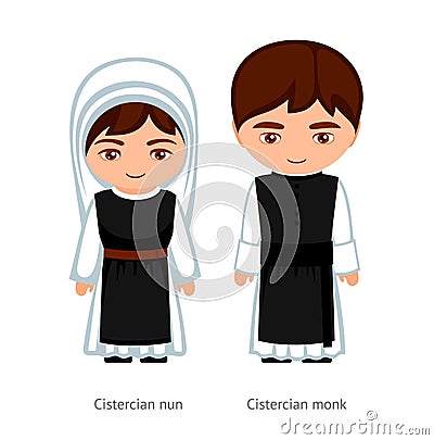 Cistercian monk and nun. Catholics. Religious man and woman. Cartoon character. Vector Illustration