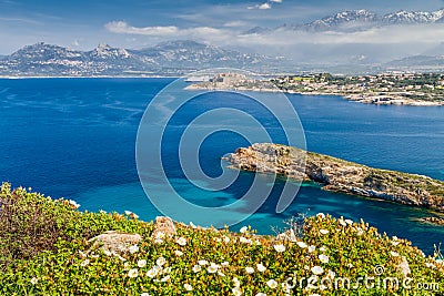 The citadel of Calvi with maquis, sea and mountains Stock Photo