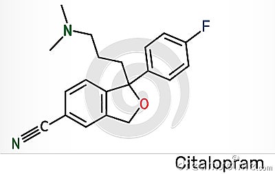 Citalopram, C20H21FN2O molecule. It is antidepressant, selective serotonin reuptake inhibitor SSRI class, is widely used to Stock Photo